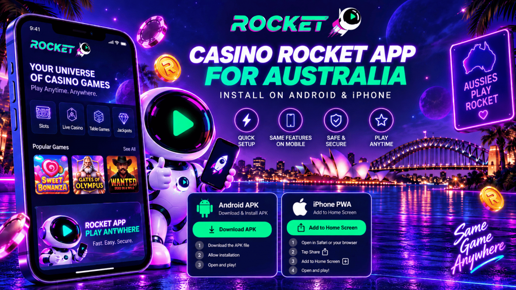 Casino Rocket app installation on Android APK and iPhone PWA for Australian players
