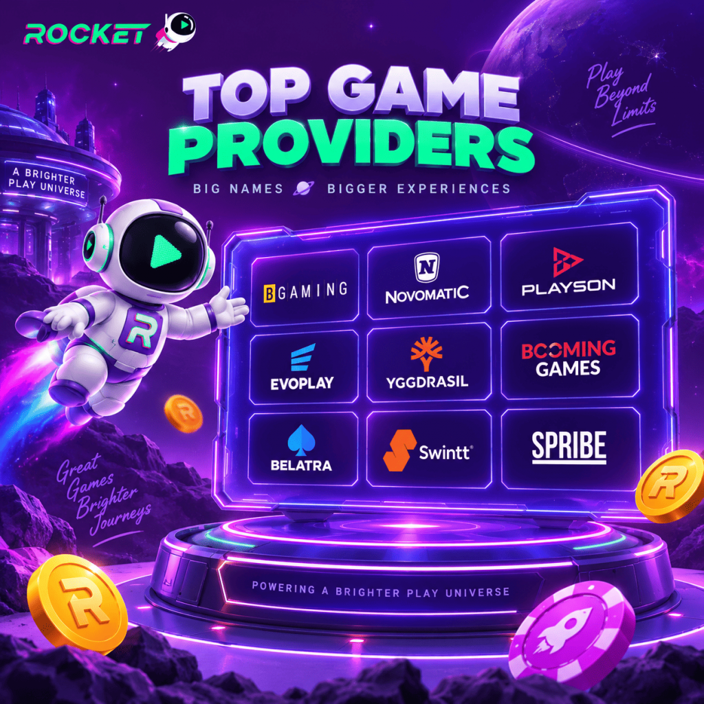 Casino Rocket game providers including BGaming, Novomatic, Playson, Evoplay, Yggdrasil and Spribe