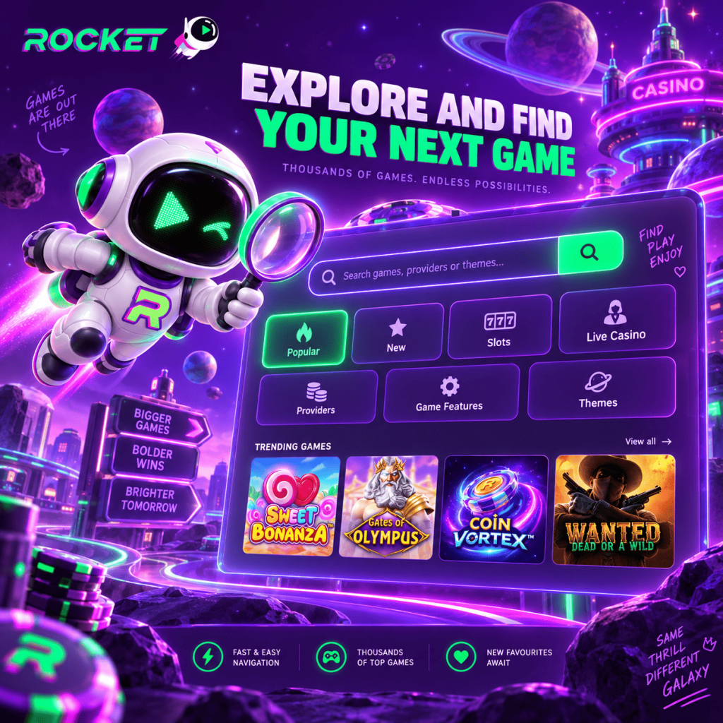 Casino Rocket game search and filters for finding pokies and casino games in Australia
