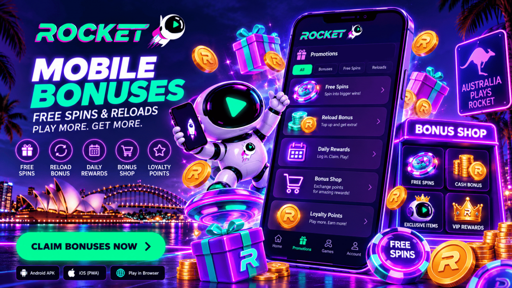 Casino Rocket mobile bonuses in Australia with Free Spins, reload rewards, daily bonuses and Bonus Shop