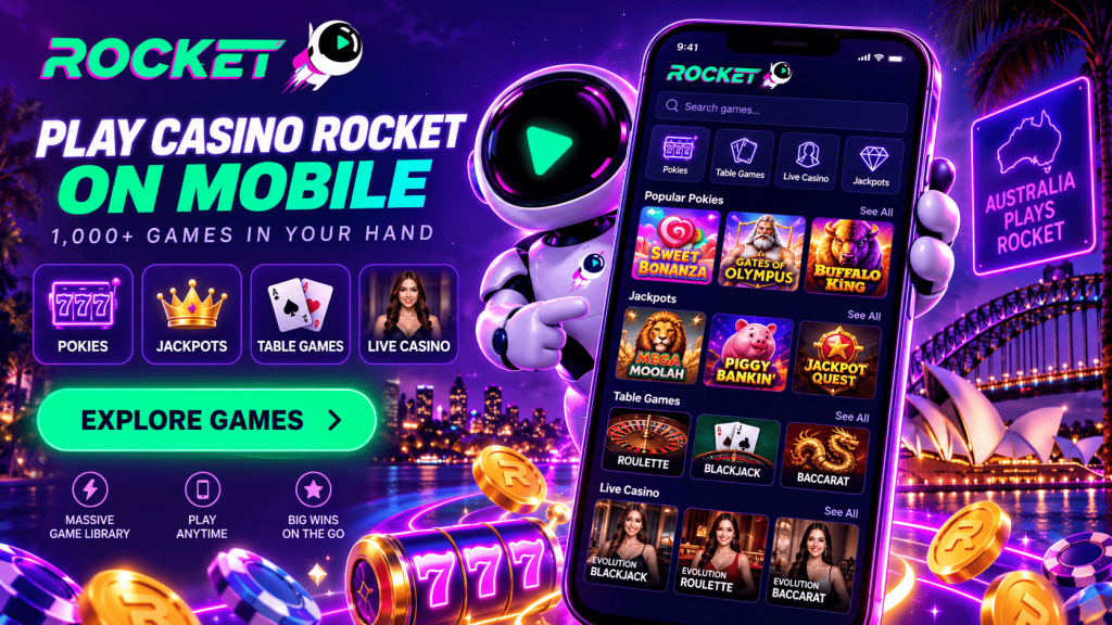 Casino Rocket mobile games in Australia including pokies, jackpots, table games and live casino
