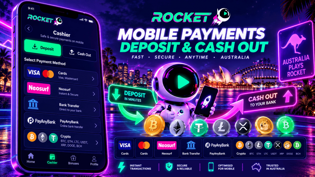Casino Rocket mobile deposits and withdrawals in Australia with cards, Neosurf, bank transfer and crypto