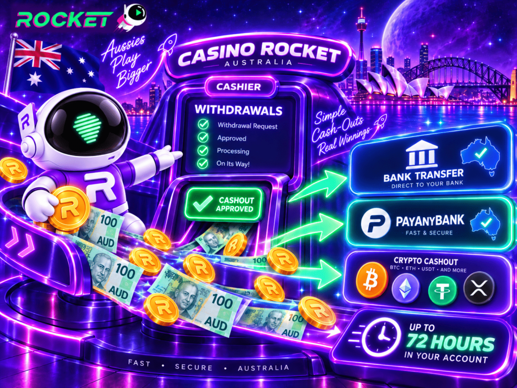 Casino Rocket Australia withdrawals by bank transfer, PayAnyBank and cryptocurrency