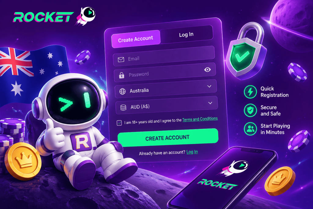Casino Rocket registration and login page for Australian players with account creation form, mobile access and secure gaming features